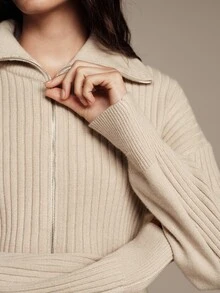 Anewsta Essential Cardigan de Tricô de Gola Alta Estilo Francês de Alta Qualidade para Mulheres - Caqui - Visão 5