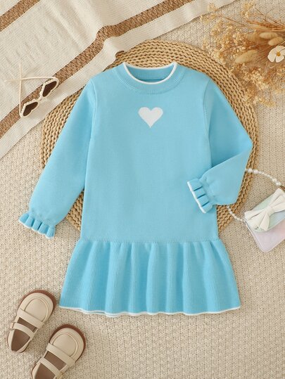 Young Girls' Sweater Dress, Fashionable And Cute Heart Jacquard Pattern, Round Neck, Long Sleeve, Regular Fit, Soft And Comfortable, Suitable For Spring, Autumn And Winter, Suitable For Daily Wear, Outings, Travel, Vacation, Home, Daycare And Play