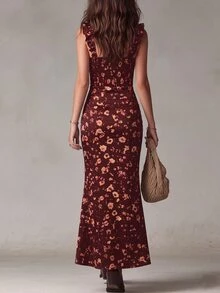 Glimmora Gaun Wanita Fashion dengan Hiasan Renda Berkerut dan Tali Bahu Tipis, Motif Penuh - Burgundy - View 2
