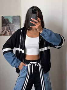 StreetHx Jaket Denim Kasual Serbaguna untuk Wanita dengan Resleting dan Desain Blok Warna, Cocok untuk Penggunaan Sehari-hari - MultiWarna - View 5