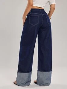 SHEIN Tall 女款時尚通勤不對稱腰線牛仔褲 - 深色水洗藍 - 查看 2