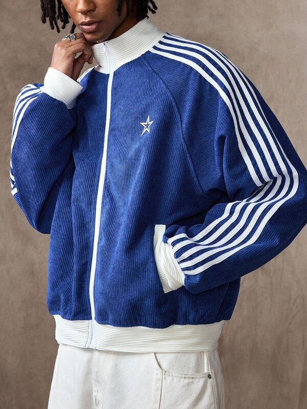 ROMWE MEN Men's Striped Star Pattern Print Zip-Up Jacket