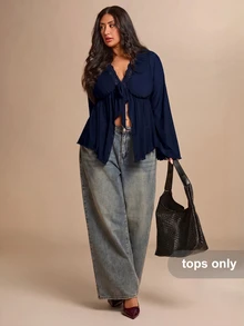 SHEIN BAE CURVE 大尺碼女款梅紫色喇叭袖網紗T恤，優雅上衣 - 藏蓝色 - 查看 5