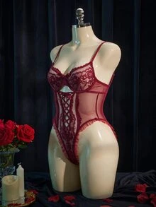 SpicyHot Women's Lace Contrast Mesh Sexy Bodysuit (Sexy + Sheer + Bodysuit + Underwire), Sexy Lingerie For Women, Adult, Honeymoon, Hot, Date Night, Lace - Burgundy - View 3