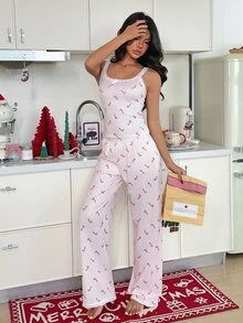 ZzzCrew Christmas Element Print Fine Ribbed Lace Camisole & Sexy Long Pants Pajama Set - Baby Pink - View 5