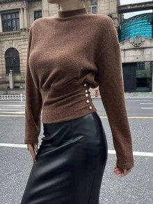 DAZY Fall/ Brown Button Contrast Patchwork Brunch Stand Collar Elegant Office Work Casual Waist-Cinching Long Sleeve Women's T-Shirt - Brown - View 1