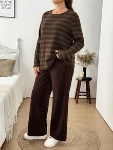 Easowa Curve Plus Size Comfortable Striped Long Sleeve Top And Pants 2 Pieces Set - Multicolor - View 4