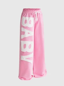 ROMWE Women's Vintage Y2K Applique Embroidery Drawstring Waist Loose Sweatpants - Pink - View 5