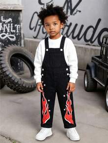 SHEIN Boys' Denim Overalls Long Pants, All Season, Soft Cotton, Classic Overalls Style, Flame Print Hem, Loose Fit Black Washed Denim Jumpsuit, Winter - Black - View 5