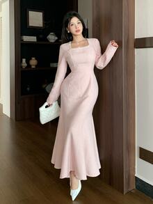 Modelyn Elegant Square Neck Pearl Embellished Long Sleeve Fitted Mermaid Dress - Pink - View 3