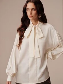 BELROSIE New European And American Style Autumn/Winter Fashion Versatile Solid Color Satin Loose Collar Tie Elegant Commute Long Sleeve Blouse - Apricot - View 3