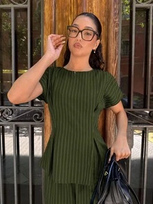 Siren Gaze 女款條紋百褶襯衫與長褲商務兩件套 - 軍綠色 - 查看 5