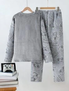 Teen Boys Pajamas Autumn/Winter Flannel Sleepwear Set, Grey Top With Game Controller Embroidery And All-Over Print Game Console Elastic Waist Long Pants, Warm And Comfortable 2 Pieces Set Loungewear, 1 Set - Grey - View 2