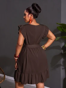 Slaydiva Đầm size lớn phong cách thường ngày màu trơn gấu bèo nhún - màu nâu - Xem 4