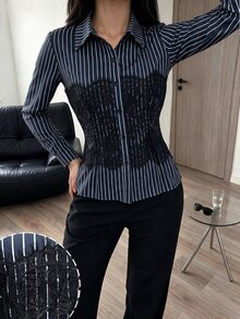 Modelyn Designer Striped Lace Patchwork Shirt Collar Long Sleeve Slim Fit Youthful Women's Fashion Versatile Elegant Blouse - Royal Blue - View 6