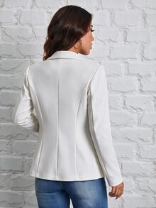 SHEIN PETITE 秋冬通勤穿著 綠色水果領單鈕扣黑色西裝外套 - 白色 - 查看 3