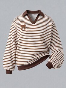 少女美式學院風條紋 Polo 領衛衣，蝴蝶結裝飾，復古棕色寬鬆版型長袖套頭上衣 - 彩色 - 查看 4