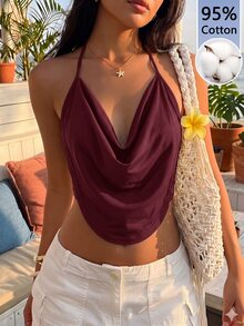 Firerie Solid Concert Draped Front Backless Party Halter Top - Burgundy - View 2