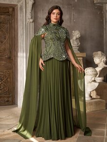 Aureia Plus Size Elegant Luxurious Olive Green Sequin Embroidered Patchwork Chiffon Two Pieces Style Pleated A-Line Evening Gown, Suitable For Dinner Party, Date, Ball, Vacation, Wedding, Event, Heavy Work Evening Dress, Guest Dress - Green - View 8