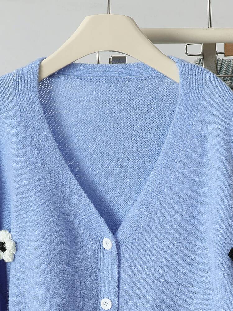 SHEIN Teen Girls Rainbow Colorblock Fitted Knit Cardigan Sweater, Casual Stylish Versatile Autumn/Winter Outerwear - Baby Blue - View 5