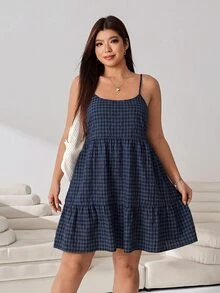 Solflare Plus Size Korean Style Vacation Plaid Spaghetti Strap Dress - Multicolor - View 2