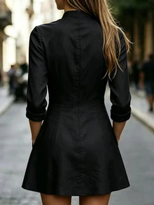 Trelyra Women's Solid Color V-Neck Pocket Casual Mini Dress - Black - View 2