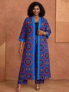 BrightlyHer Plus Size Floral Print Jacket And Loose Pants 2 Pieces Set Vacation Brunch Formal Vacation Blue And Yellow Autumn Boho Elegant Soft Form - Royal Blue - View 3
