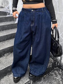 Jeanoix Plus Size Women's Casual Denim Wide Leg Pants With Pockets - Blue - View 3