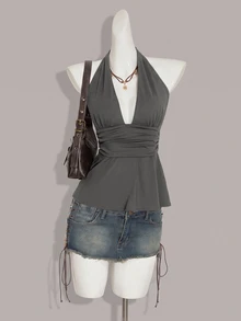 SHEIN ICON 萬聖節女性掛脖露背黑色娃娃裝背心 - 灰色 - 查看 5