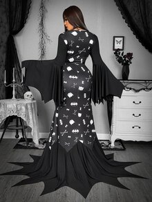 Whyspr BATMAN X SHEIN Plus Size Dark Bone Print Batwing Sleeve Dress Gothic Masquerade Halloween - Black - View 2