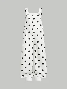 SHEIN 女童白色圓點牛仔寬鬆吊帶褲，後腰3D蝴蝶結設計 - 黑與白 - 查看 3