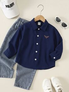 SHEIN 男孩童夏季秋季休閒百搭學院風白色襯衫 開學季時尚校服上衣 正式襯衫 - 藏蓝色 - 查看 2