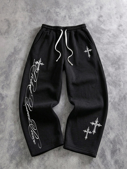 Manfinity ZONE917 American Retro Gothic Art Letter Cross Print Black Loose Fit Sweatpants
