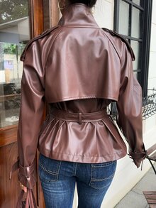 SHEIN EZwear 女款純色腰部打結PU皮革時尚百搭長袖夾克 - 棕色 - 查看 2