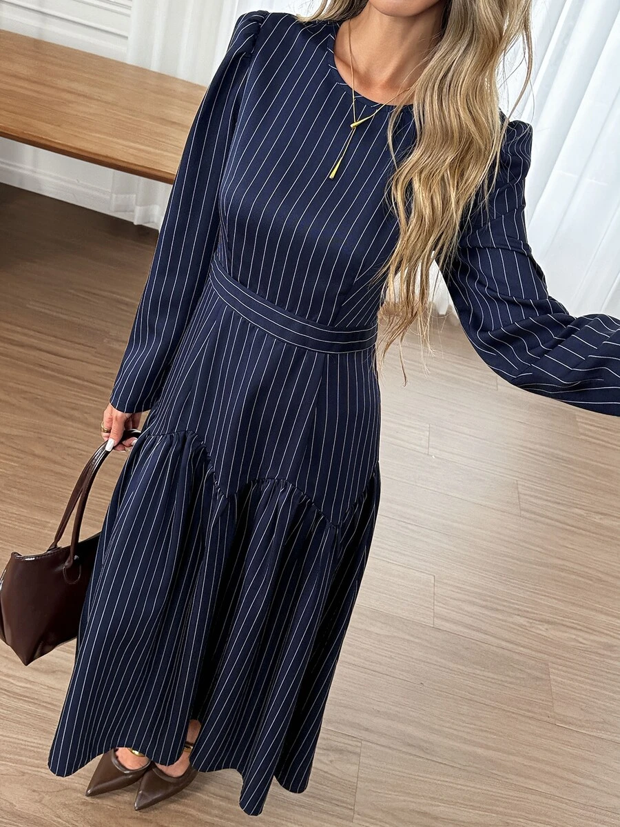 Easowa Women'sfall/Winter Dress Casual Commute Business Navy Blue Dress Winter Elegant Dress Work Office Business Outfits For Women - Blue and White - View 1