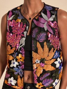 Travachic Women's Vintage Exquisite Sequin Embroidered Vest Jacket - Multicolor - View 5