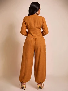 Brilight Textured 2 Pieces Set V Neck Crop Blazer Drawstring Wide Leg Pants Elegant Outfit For Teachers' Day Daily Office Corporate Rust Brown Autumn - Burnt Orange - View 2