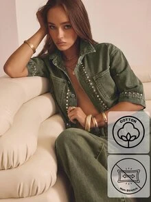 Aralina Women's Studded Cropped Denim Top - Army Green - View 1
