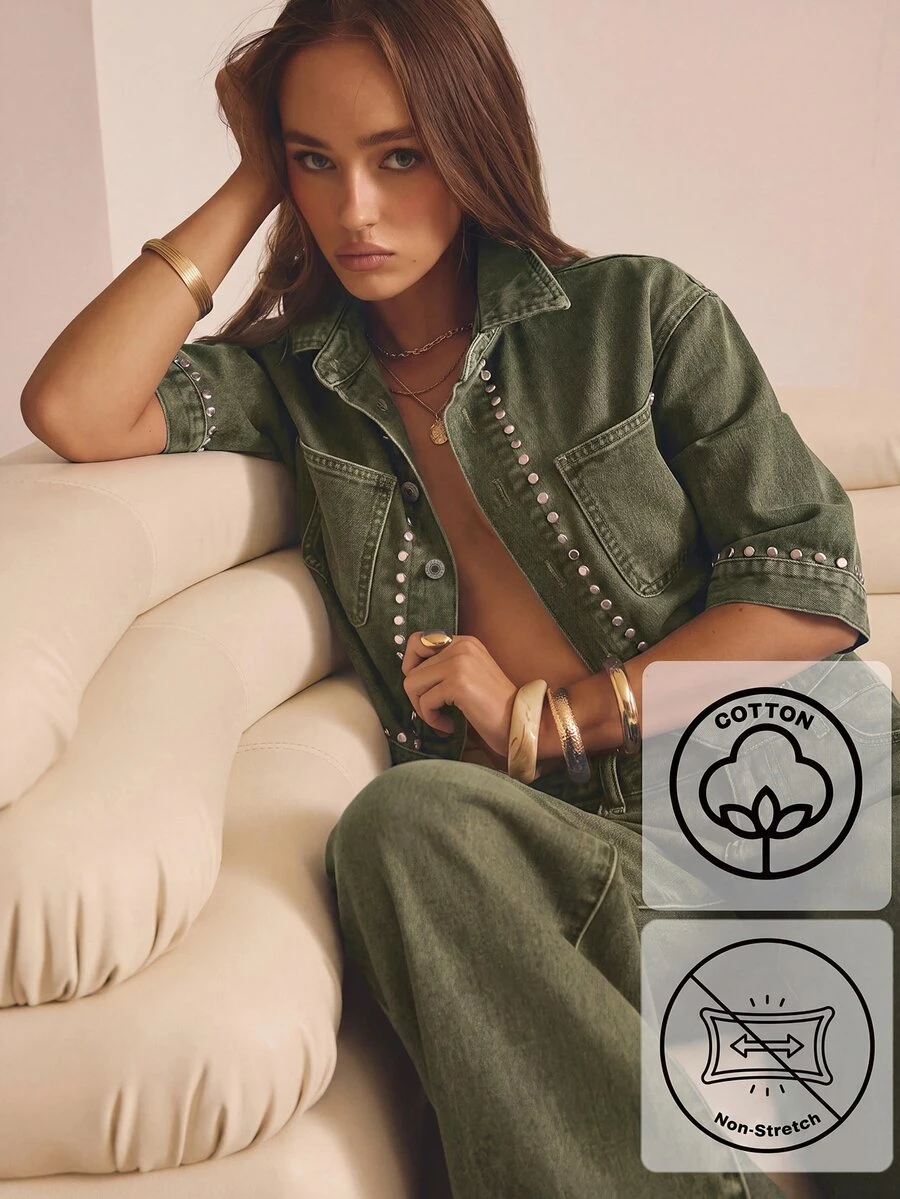 Aralina Women's Studded Cropped Denim Top - Army Green - View 1