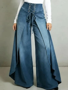 Trelyra Women's Fashion Cross Eyelet Lace-Up Printed Elastic Waist Long Pants - Blue - View 3