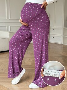 Dazy Maternity Ditsy Floral Flared Leg Pants With Lace Trim, Elastic Waist, Casual Vacation Maternity Trousers For Spring And Autumn - Purple - View 1