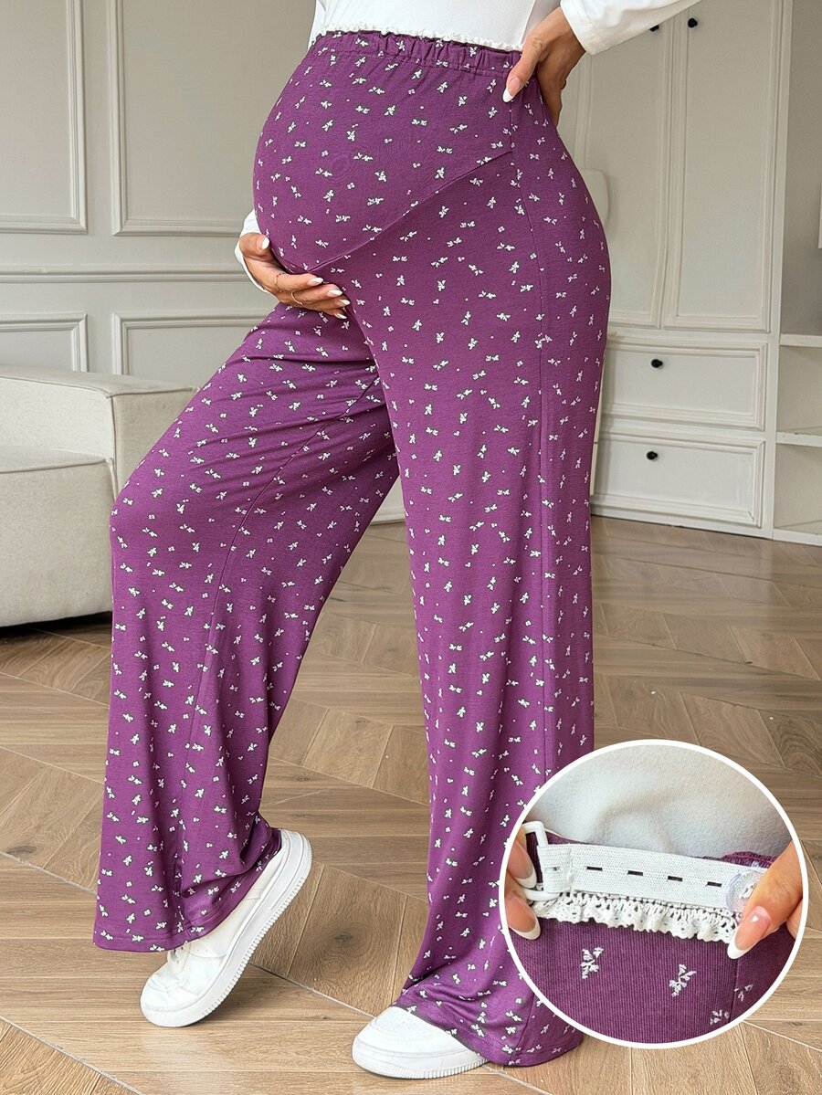Dazy Maternity Ditsy Floral Flared Leg Pants With Lace Trim, Elastic Waist, Casual Vacation Maternity Trousers For Spring And Autumn - Purple - View 1