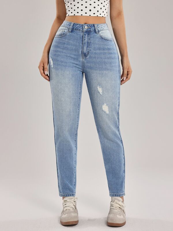 Rivivi Women's Casual Distressed Tapered Jeans With Pockets