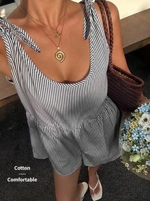 SHEIN EZwear 海軍藍與白色編織女款連身短褲 度假海灘夏季熱帶性感 - 黑與白 - 查看 8
