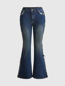ROMWE Autumn/Winter Y2K Vintage Washed Denim Embroidered Frayed Hem Flare Jeans For Women - Medium Wash - View 2