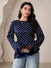 Veilorie 女款波點蕾絲拼接休閒百搭日常穿著襯衫 - 藏蓝色 - 查看 3