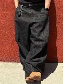 DAZY 春秋條紋水洗彎腿寬鬆錐腿鈕扣設計大尺碼男士牛仔褲 - 黑色 - 查看 6