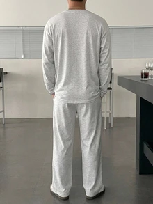 DAZY 春秋款男士長袖長褲針織薄款字母印花T恤兩件套 - 灰色 - 查看 2