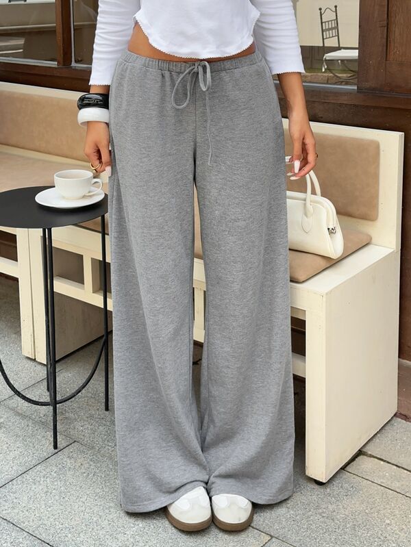 Aloruh Women's Autumn/Winter New Grey Elegant Minimalist Y2K Daily Commute Date Travel Modern Hot Girl Low Waist Lace-Up Wide Leg Sweatpants