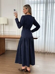 Easowa Women'sfall/Winter Dress Casual Commute Business Navy Blue Dress Winter Elegant Dress Work Office Business Outfits For Women - Blue and White - View 5